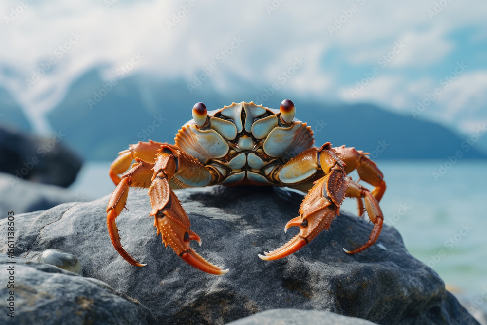 Red crab on stone with sea and mountains background Red crab on stone with sea and mountains background