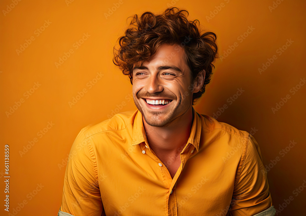 Happy laughing man on isolated yellow background Happy laughing man on isolated yellow background