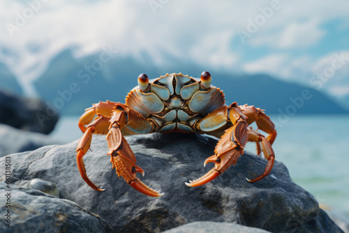 Red crab on stone with sea and mountains background