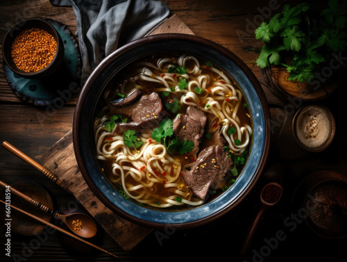 Beef Noodle Soup in a rustic kitchen