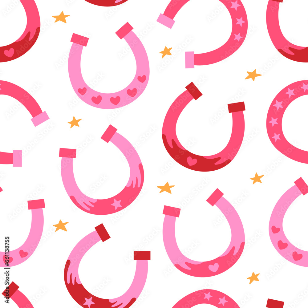 Seamless pattern with cute pink horseshoes. Vector flat background in western cowgirl concept - obrazy, fototapety, plakaty 