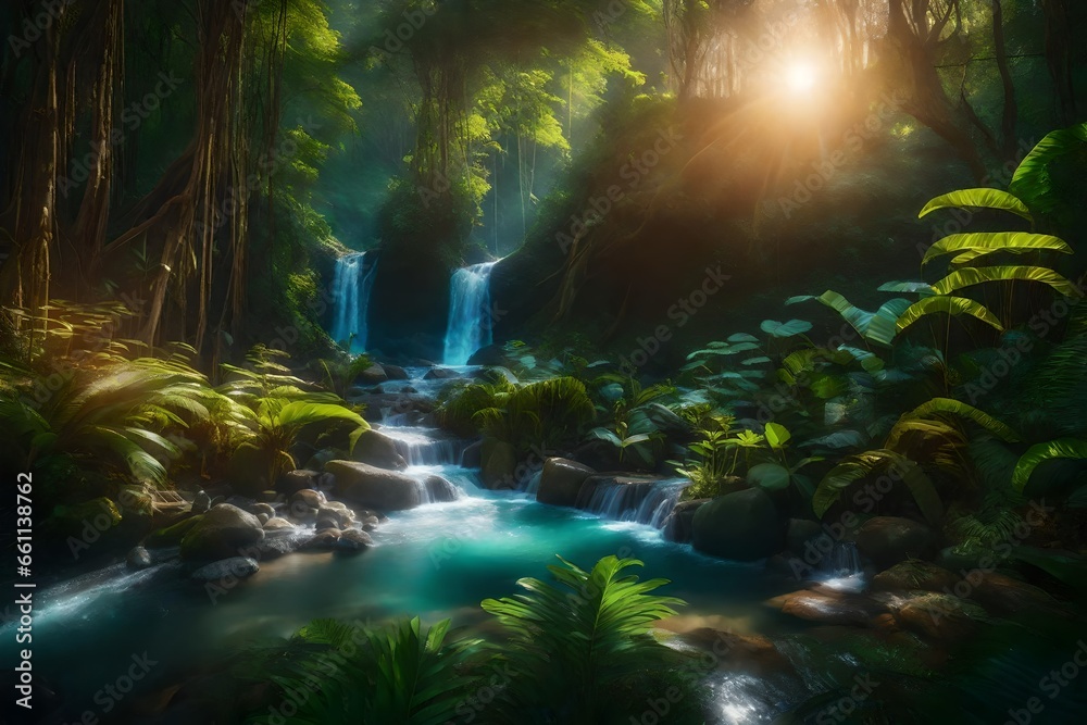 Fototapeta premium A fantasy forest scene with tropical trees and wildflowers - AI Generative