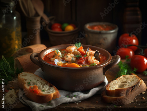 Bouillabaisse in a rustic kitchen