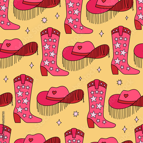 Seamless pattern with retro pink cowboy boots and hats with stars. Vector outline cowgirl background