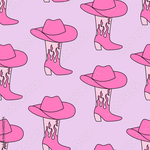 Seamless pattern with pink cowboy boots and hats. Vector cartoon background with cowgirl accessories