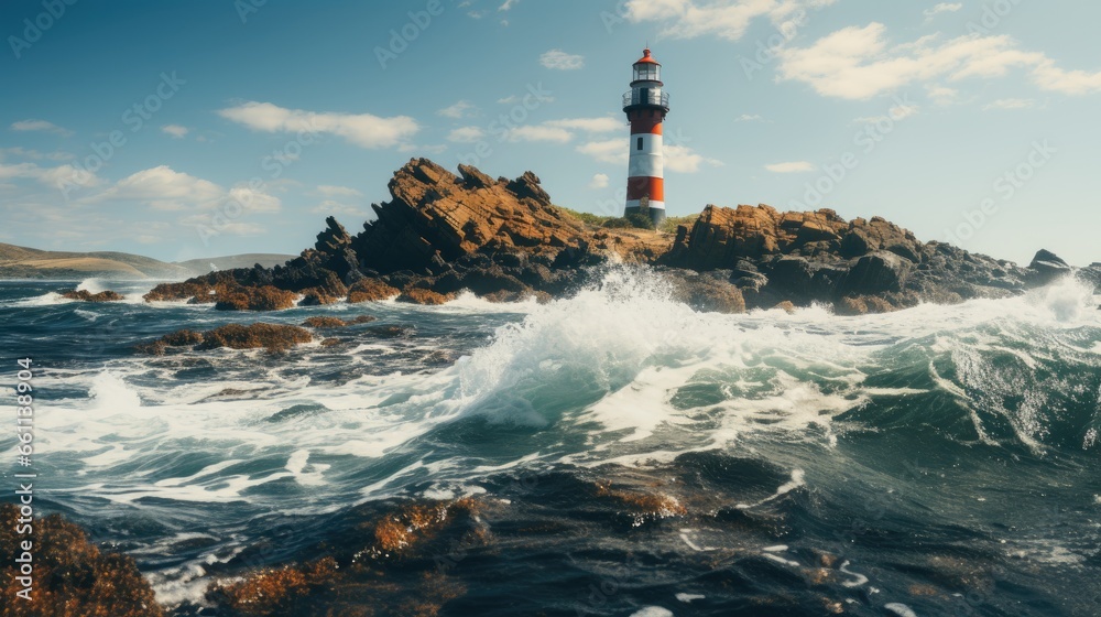 Lighthouse on the ocean shore. Seascape. Stormy sea and white lighthouse building on the shore. Illustration for cover, card, postcard, interior design, banner, poster, brochure or presentation.