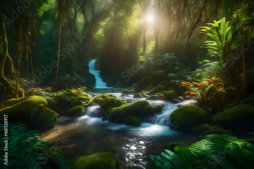 A fantasy forest scene with tropical trees and wildflowers - AI Generative