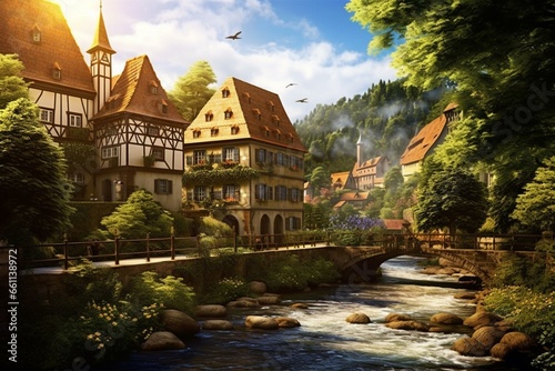 Beautiful European village with historic houses. Generative AI