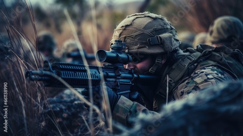 Close-up of skilled army sniper aiming with optical sight. Army elite troops marksman. Sports shooting and hunting concept. Military operation. Illustration for banner, poster, cover or brochure. photo