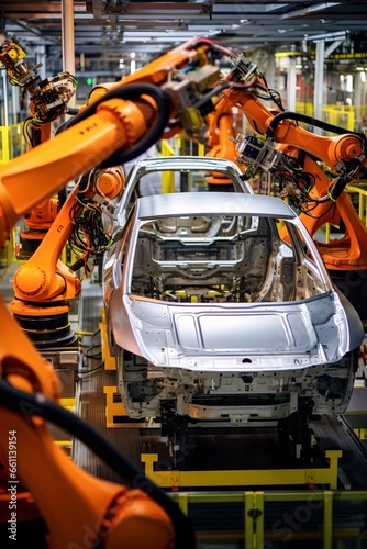 The Intricate Dance of Robotic Precision  Engineer Supervises Automated Vehicle Assembly with Technological Aide in a Bustling Car Factory