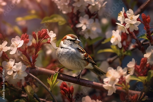 the charm of spring: a sparrow in its native environment. Generative AI © Cressida