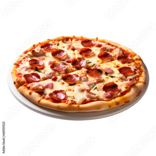 Delicious mixture pizza on wooden board view
