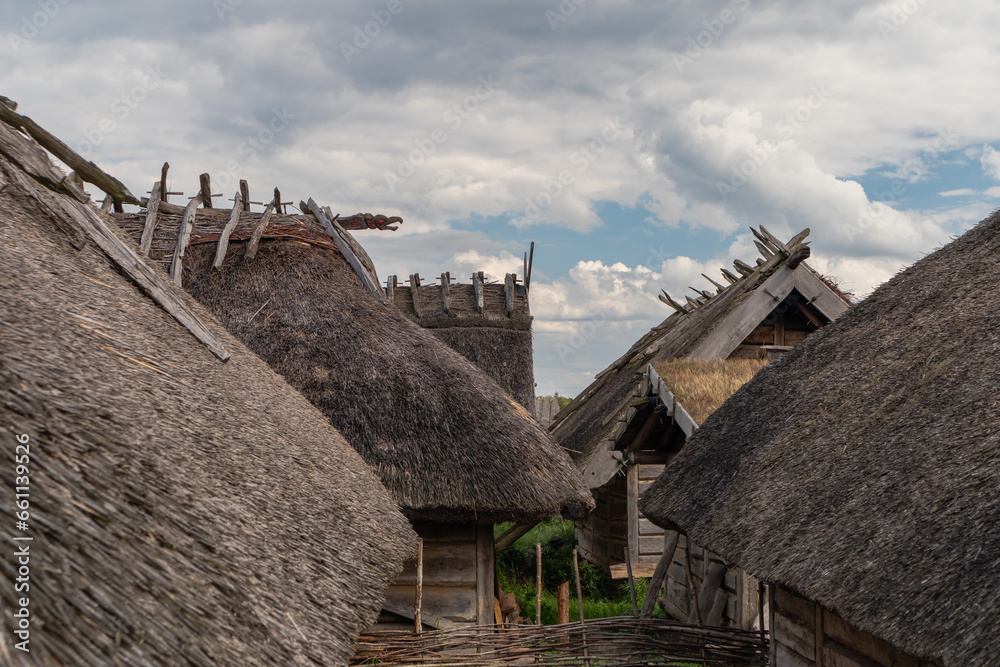 Traditional village with thatched roof and blue sky - obrazy, fototapety, plakaty 