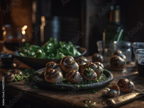 Escargots in a rustic kitchen