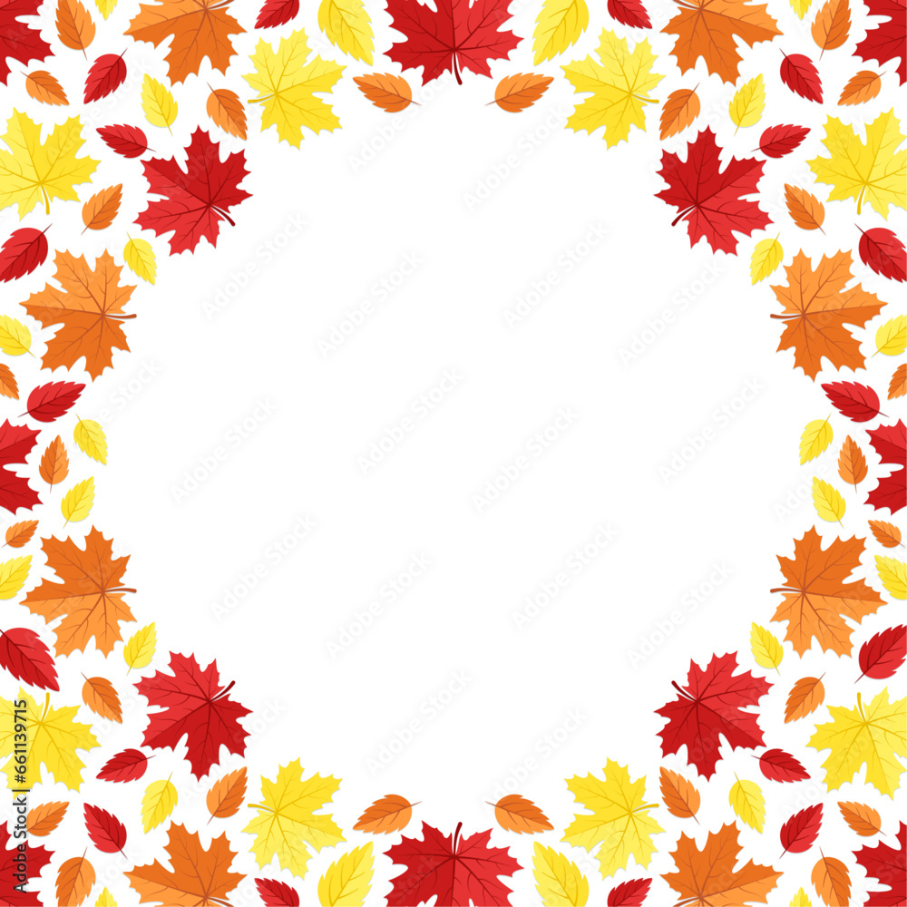 Vector round frame with copy space. Red, yellow and orange autumn leaves on white background. Vector round frame with copy space. Red, yellow and orange autumn leaves on white background.