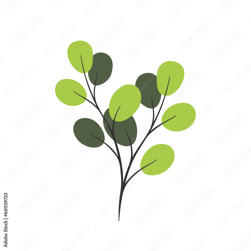 Black branches with green leafs on white background. Vector flat illustration. Best for cards, print, web design and decoration.