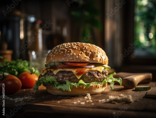 Hamburger in a rustic kitchen