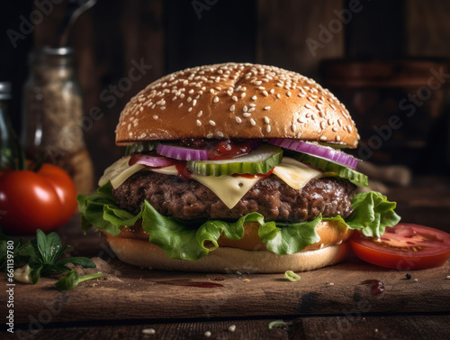 Hamburger in a rustic kitchen