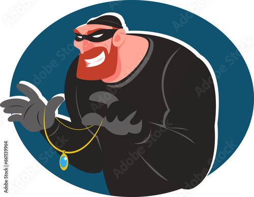 Masked criminal holding a gold chain in his hand, male thief stole jewelry. Stock vector illustration