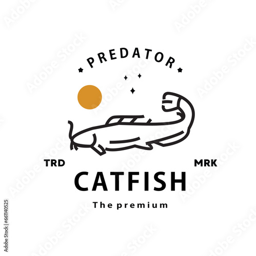vintage retro hipster catfish logo vector outline monoline art icon