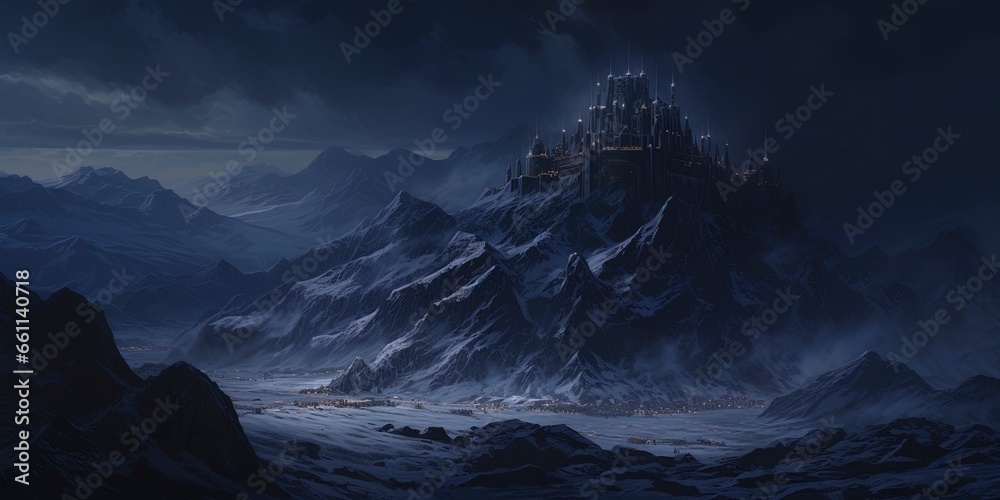 Old historic medieval fantasy castle in snow covered dark mountains at night. Blue Heus - obrazy, fototapety, plakaty 
