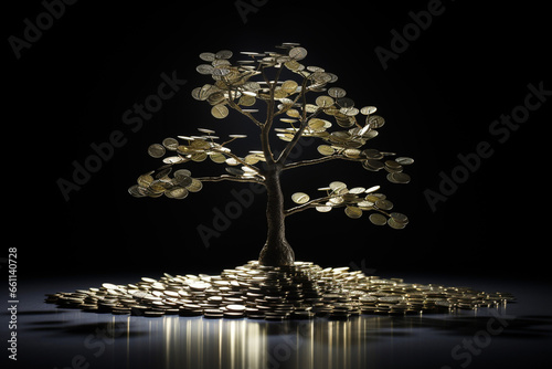 small tree on a stack of coins, investment ideas, sustainable organizational development. take into account the environment. photo