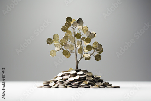 small tree on a stack of coins, investment ideas, sustainable organizational development. take into account the environment. photo