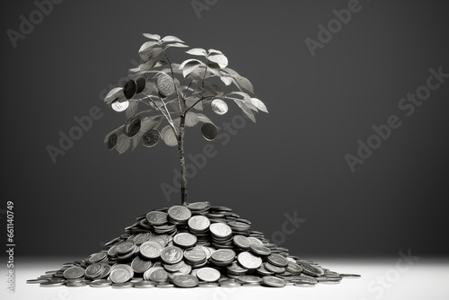 small tree on a stack of coins, investment ideas, sustainable organizational development. take into account the environment. photo