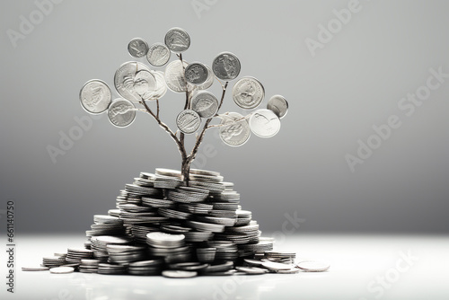 small tree on a stack of coins, investment ideas, sustainable organizational development. take into account the environment. photo