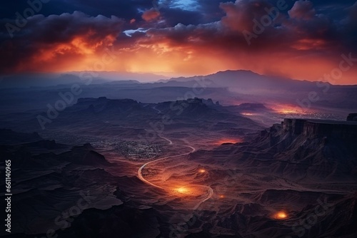 Awe-inspiring desert vista at night: vibrant colors, majestic cliffs, massive sandstorms. Serene and fantastical aerial view. Generative AI