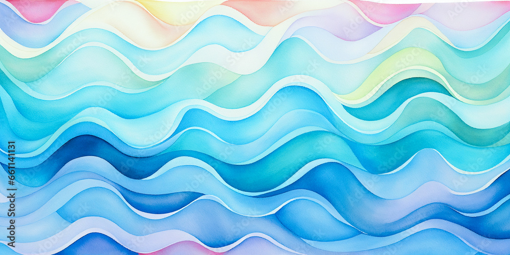 Fototapeta premium Nursery pastel calming waves cartoon. Blue, green, yellow abstract ocean water wave illustration. Nature sunny colorful seascape art prints. Wavy baby shower invitation background for girls and boys. 