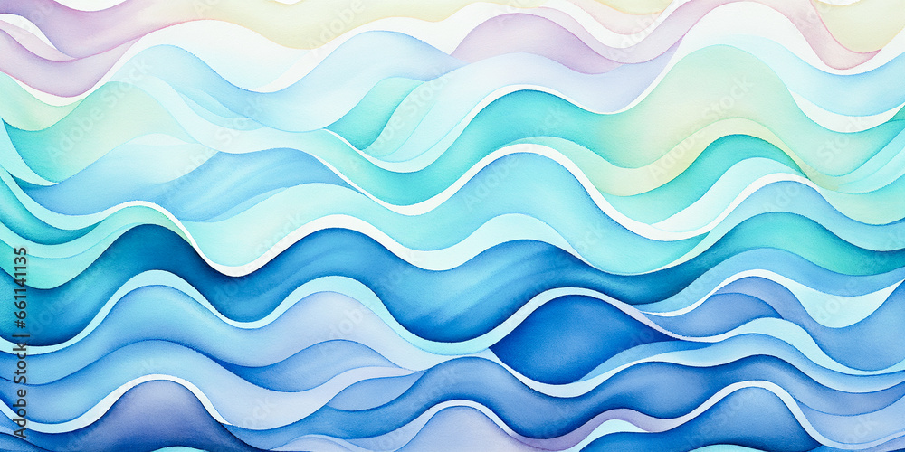 Fototapeta premium Nursery pastel calming waves cartoon. Blue, green, yellow abstract ocean water wave illustration. Nature sunny colorful seascape art prints. Wavy baby shower invitation background for girls and boys. 