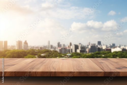 wooden table on rooftop  view of the city in the morning