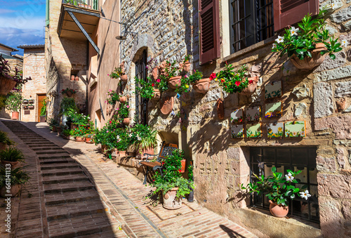 Traditional old villages of Italy, Umbria - beautiful Spello town. Charming floral streets decoration