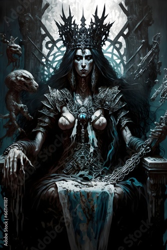 ornate dark fantasy zoomed out beautiful holy high priestess sitting on a throne holding a cross 