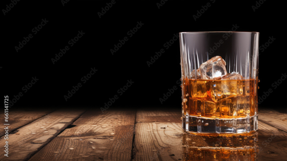 Glass of whiskey with ice cubes on wooden table. Black background. Glass of whiskey with ice cubes on wooden table. Black background.