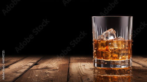 Glass of whiskey with ice cubes on wooden table. Black background.