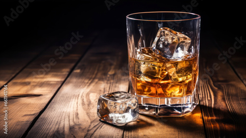 Whiskey on the rocks with ice cubes on a wooden table