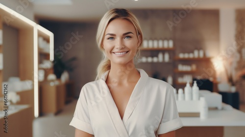 Smiling manager against the background of a bright spa salon. photo