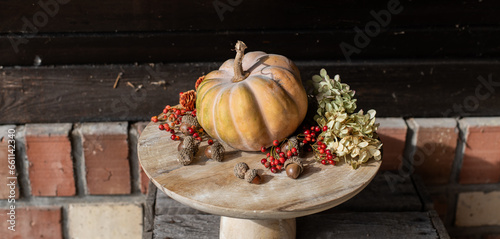 Herbstdekoration mit Kürbis, roten Beeren, Eicheln und Hortensienblüten, Dekoration im Spätsommer, natürlich dekorieren photo