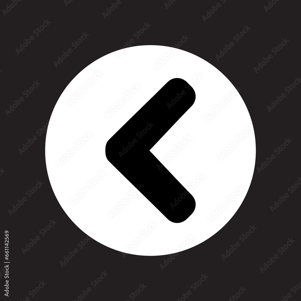 Left arrow icon vector. Prev logo design. Left arrow vector icon illustration in circle isolated on black background Left arrow icon vector. Prev logo design. Left arrow vector icon illustration in circle isolated on black background