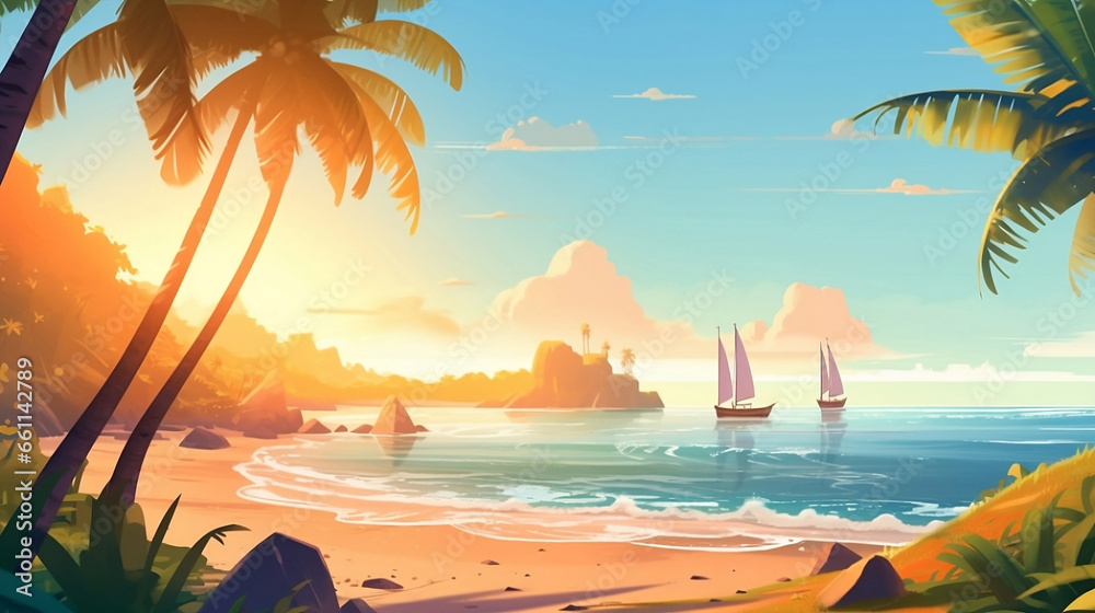 sunset on the beach illustration. generative ai