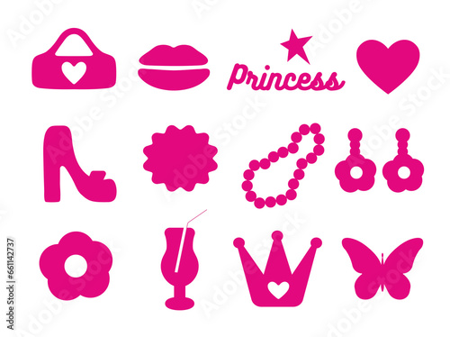 Glamorous trendy set of pink stickers. Cute stickers, objects isolated on white background. Crown, lips, flower, shoe, star, logo: collection in a minimalist style. for print, png.  barbie