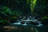 A mindblowing water stream in a lush jungle making it's way through rocks - AI Generative