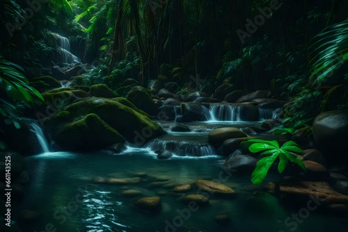 A mindblowing water stream in a lush jungle making it s way through rocks - AI Generative