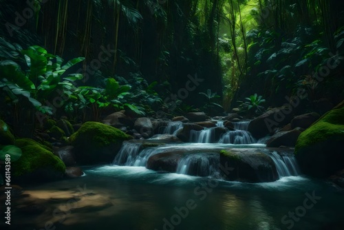 A mindblowing water stream in a lush jungle making it's way through rocks - AI Generative