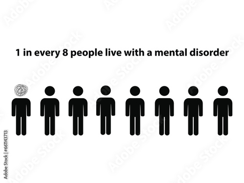 Silhouettes of eight persons one with a messy ball instead of head and the text 1 in every 8 people live with a mental disorder