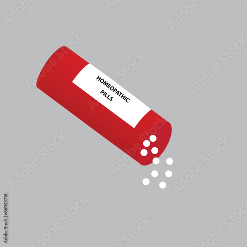 Red plastic container with homeopathic white globules scattered out 
