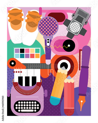 Creative mix of art school objects, vector illustration. 