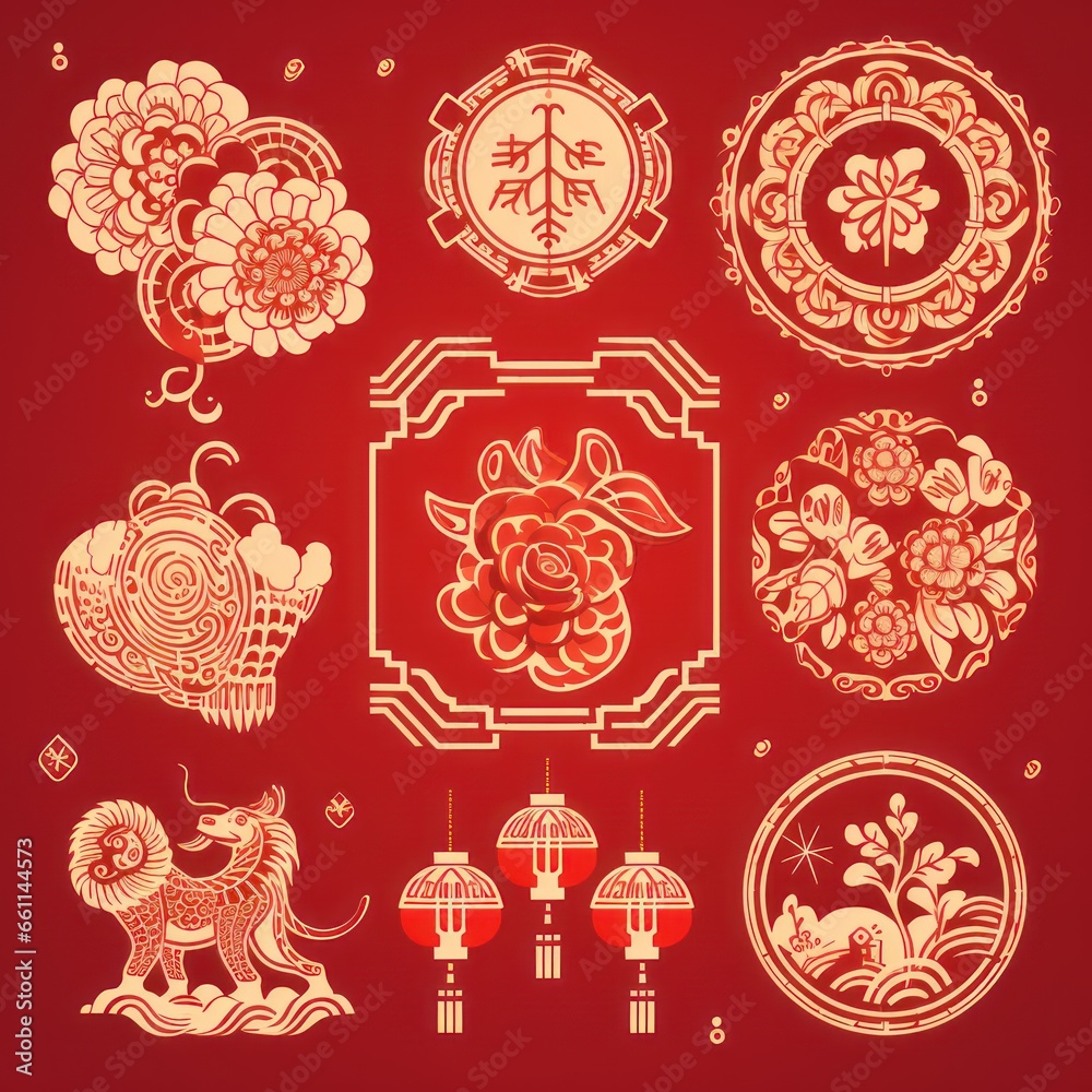 2024 New Year set, fireworks, abstract elements, flowers, clouds, lanterns